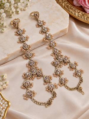 championstone & agate stone haath phool (hath panja), antique gold plated 2