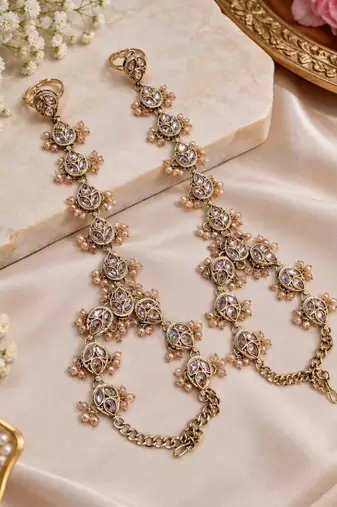 championstone & agate stone haath phool (hath panja), antique gold plated
