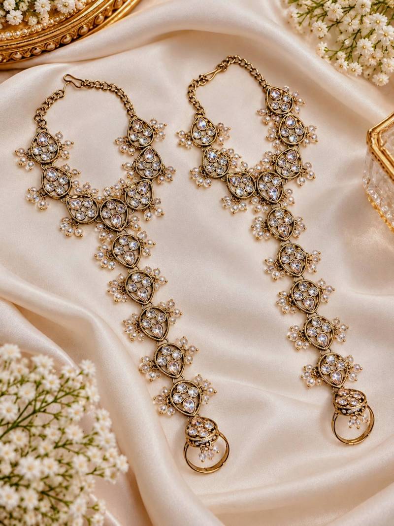 champion stone & agate stone haath phool (hath panja), antique gold plated