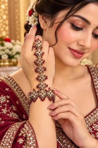 maroon stone & agate stone haath phool (hath panja), antique gold plated