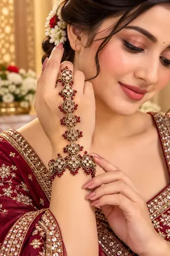 maroon stone & agate stone haath phool (hath panja), antique gold plated