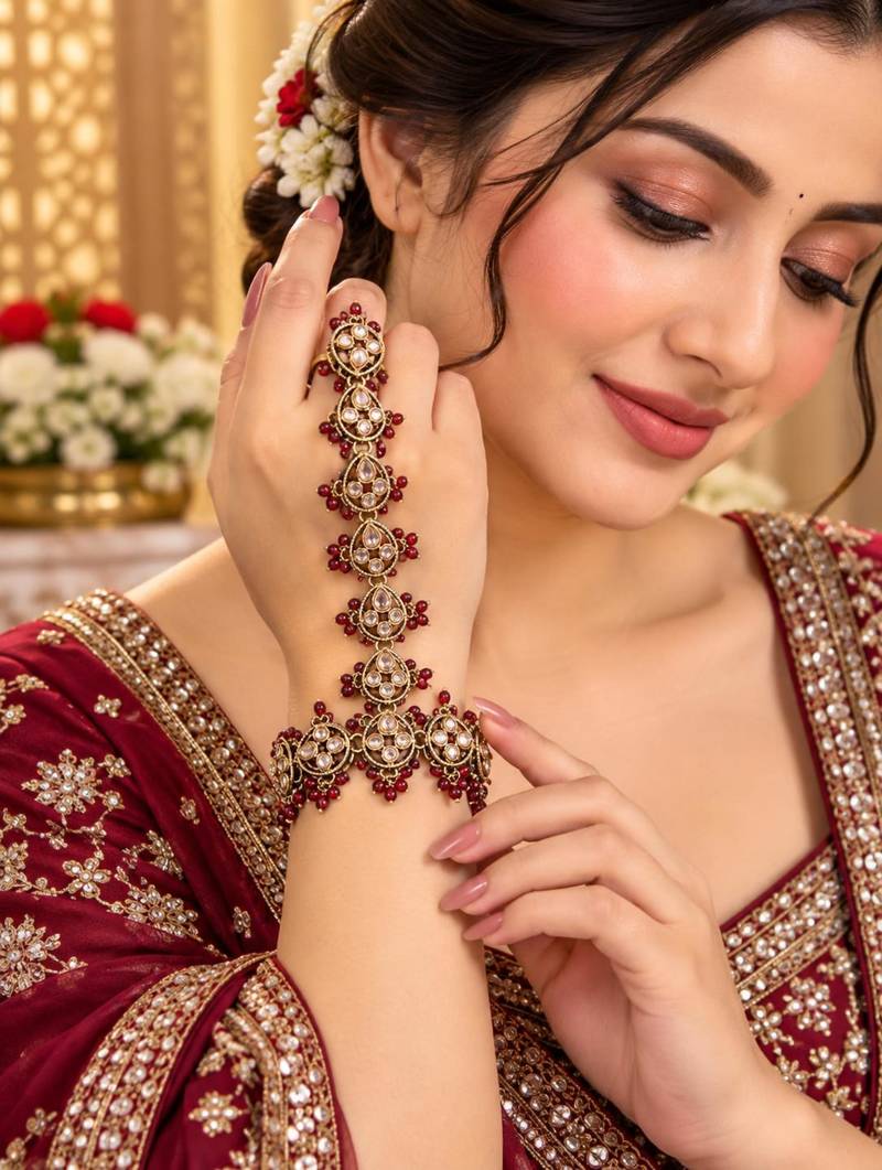 maroon stone & agate stone haath phool (hath panja), antique gold plated