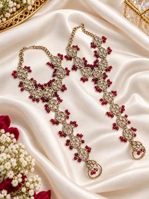 maroon stone & agate stone haath phool (hath panja), antique gold plated 4