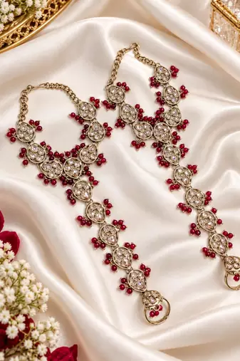 maroon stone & agate stone haath phool (hath panja), antique gold plated