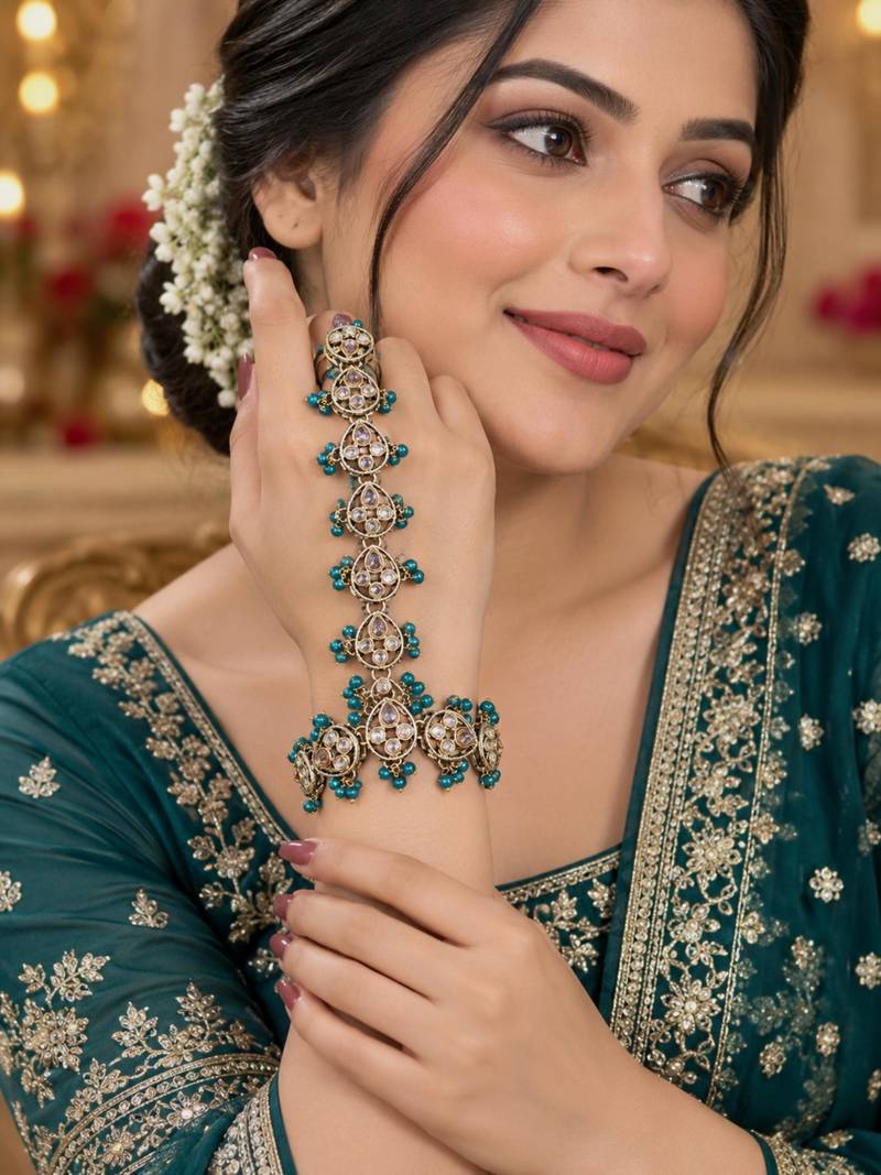 green stone & agate stone haath phool (hath panja), antique gold plated