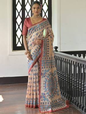 Maroon blue blue & white floral printed sequinned saree 1