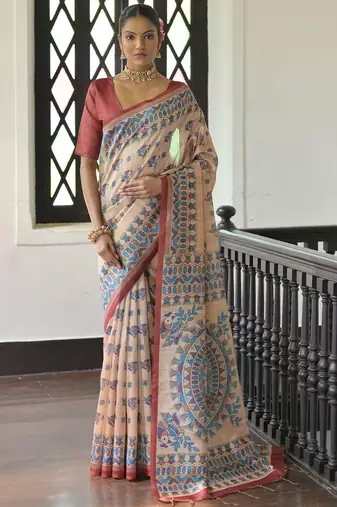 Maroon blue blue & white floral printed sequinned saree