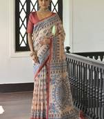 Maroon blue blue & white floral printed sequinned saree