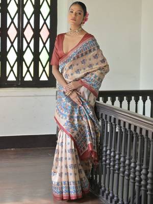 Maroon blue blue & white floral printed sequinned saree 2