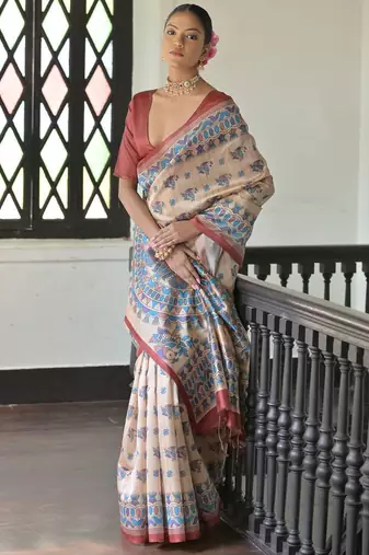 Maroon blue blue & white floral printed sequinned saree