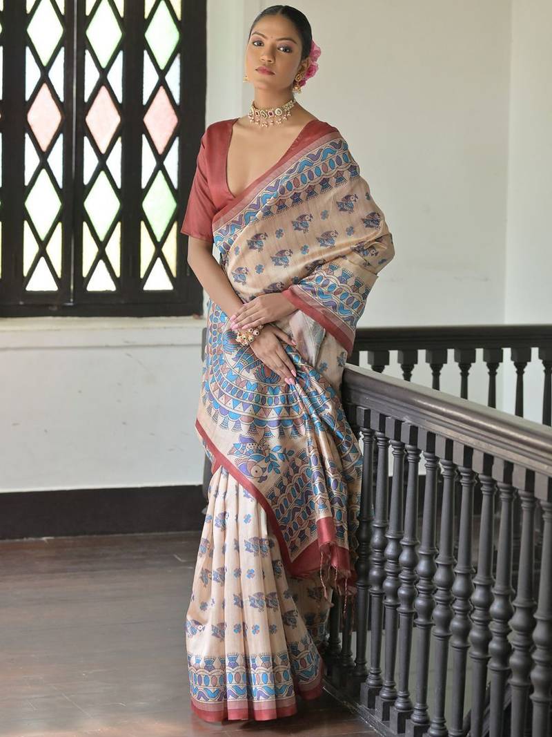 Maroon blue blue & white floral printed sequinned saree