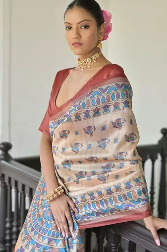 Maroon blue blue & white floral printed sequinned saree