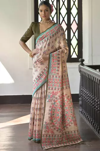 Purple pink pink & magenta floral embroidered silk blend saree