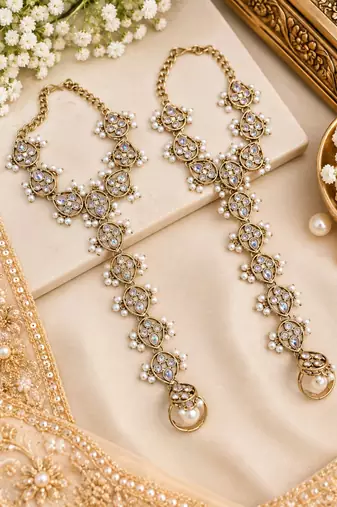 white stone & agate stone haath phool (hath panja), antique gold plated