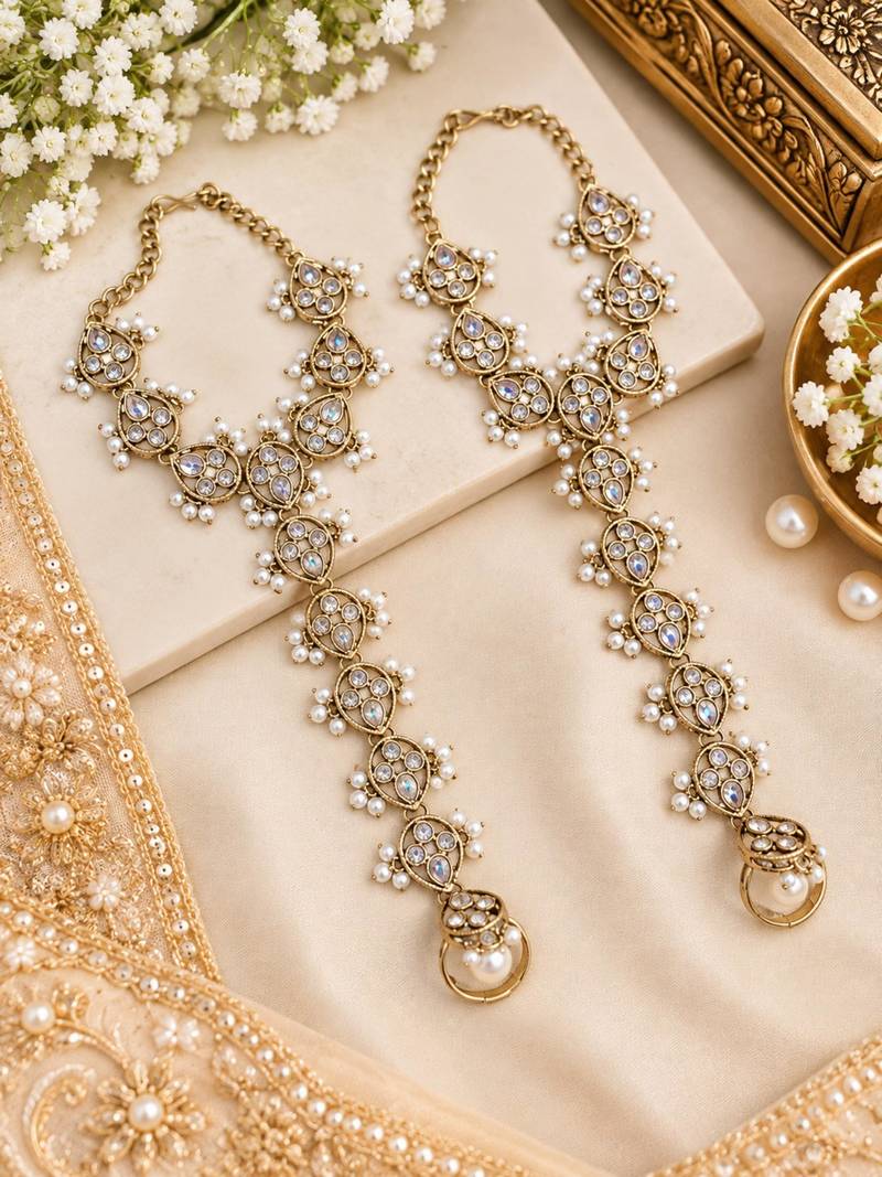 white stone & agate stone haath phool (hath panja), antique gold plated