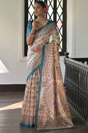 Off white peach floral beads and stones pure chiffon designer saree