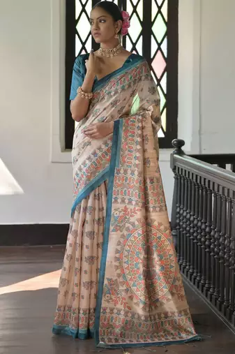 Off white peach floral beads and stones pure chiffon designer saree