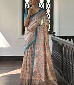 Off white peach floral beads and stones pure chiffon designer saree