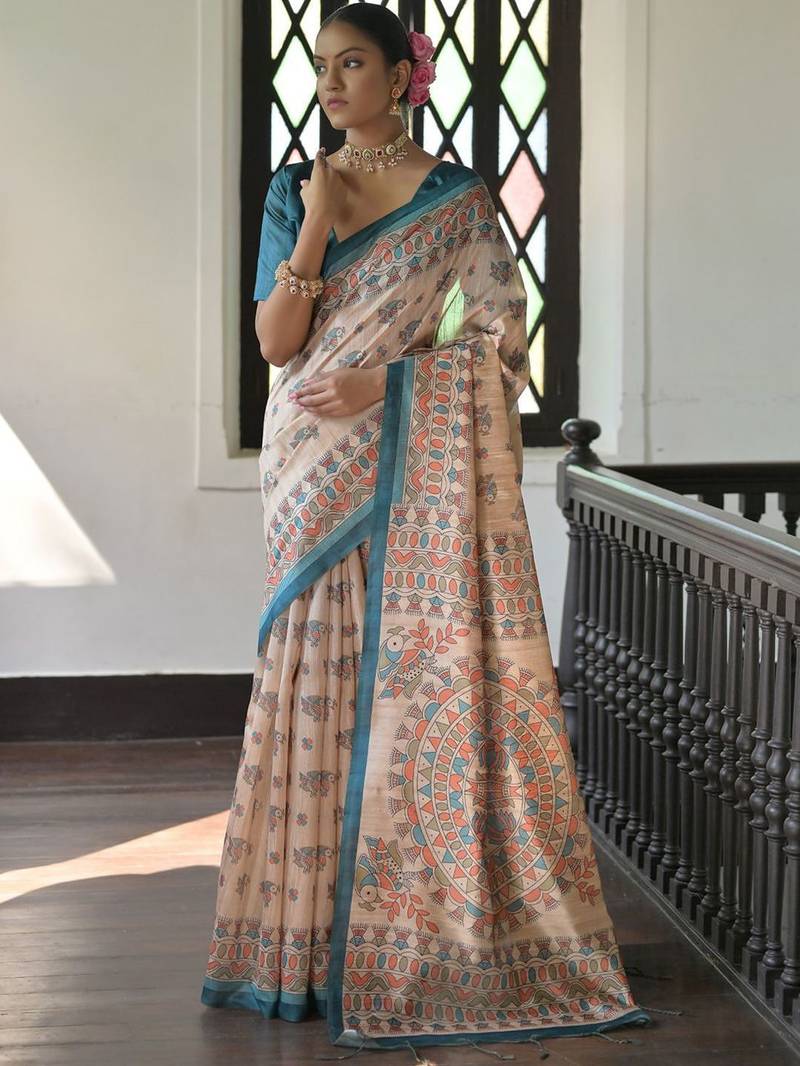 Off white peach floral beads and stones pure chiffon designer saree