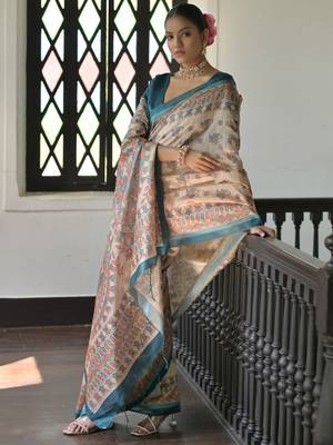 Off white peach floral beads and stones pure chiffon designer saree 2