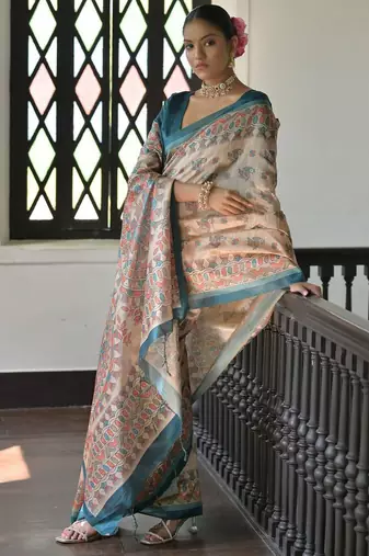 Off white peach floral beads and stones pure chiffon designer saree