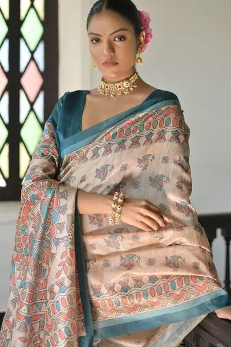 Off white peach floral beads and stones pure chiffon designer saree