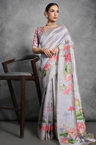 Cream multicolor floral embroidered poly chiffon saree