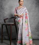 Cream multicolor floral embroidered poly chiffon saree