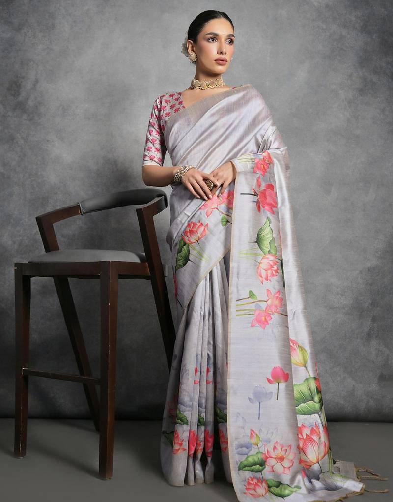 Cream multicolor floral embroidered poly chiffon saree