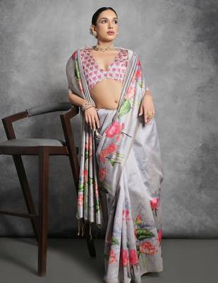 Cream multicolor floral embroidered poly chiffon saree 2