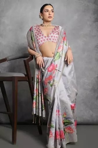 Cream multicolor floral embroidered poly chiffon saree