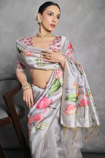 Cream multicolor floral embroidered poly chiffon saree