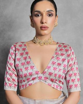 Cream multicolor floral embroidered poly chiffon saree 4