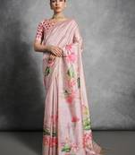 Cream black floral pure chiffon designer saree