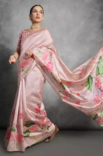 Cream black floral pure chiffon designer saree
