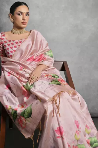 Cream black floral pure chiffon designer saree