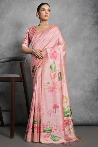 Pink cream floral mirror work poly georgette saree