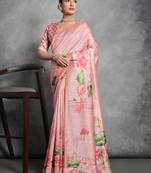 Pink cream floral mirror work poly georgette saree