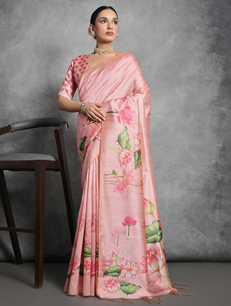 Pink cream floral mirror work poly georgette saree