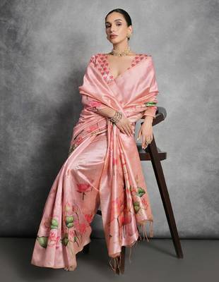 Pink cream floral mirror work poly georgette saree 2