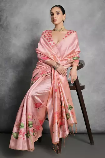 Pink cream floral mirror work poly georgette saree