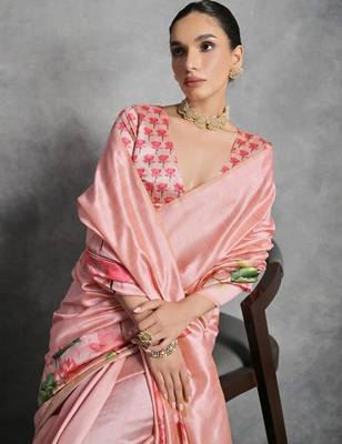 Pink cream floral mirror work poly georgette saree 3
