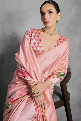 Pink cream floral mirror work poly georgette saree