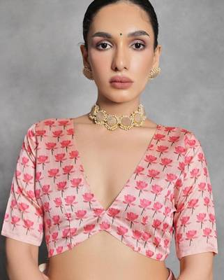 Pink cream floral mirror work poly georgette saree 4