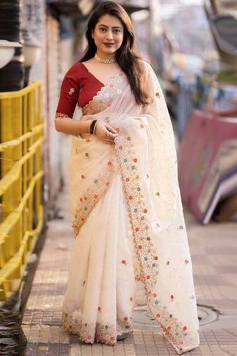 Lavender multicolor floral sequinned poly chiffon designer saree
