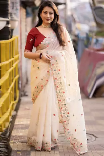 Lavender multicolor floral sequinned poly chiffon designer saree