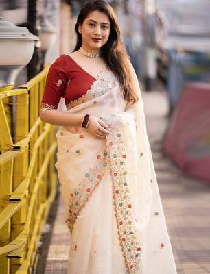 Lavender multicolor floral sequinned poly chiffon designer saree 2