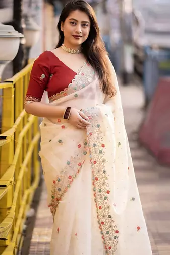 Lavender multicolor floral sequinned poly chiffon designer saree