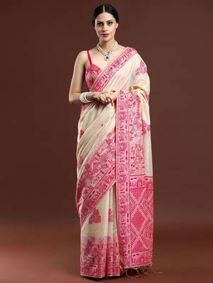 beige ethnic motifs woven design cotton saree with blouse 1