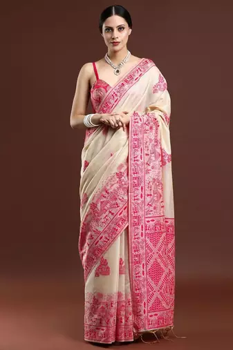 beige ethnic motifs woven design cotton saree with blouse